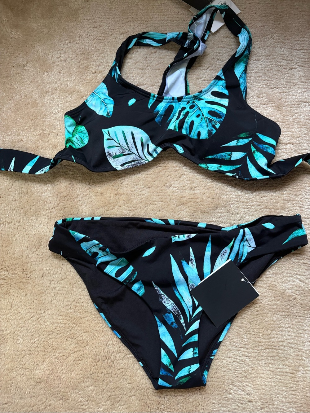 Senita Women’s Black Tropical Leaf Bikini Set - Teal Green Print